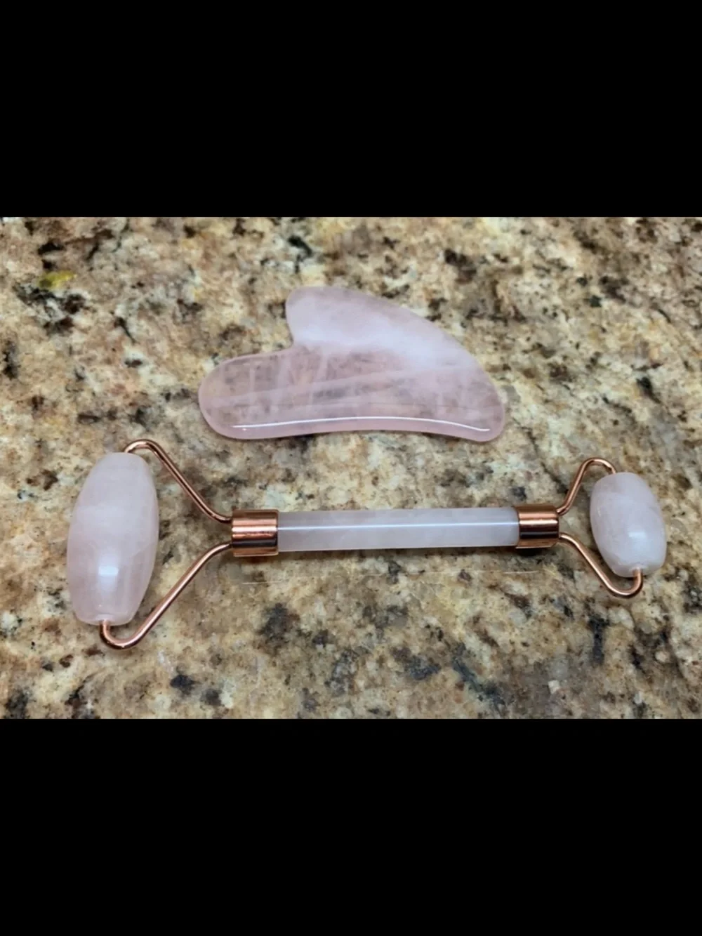 Authentic Natural Rose Quartz Crafted Roller and Contoured Gua Sha Tool.
